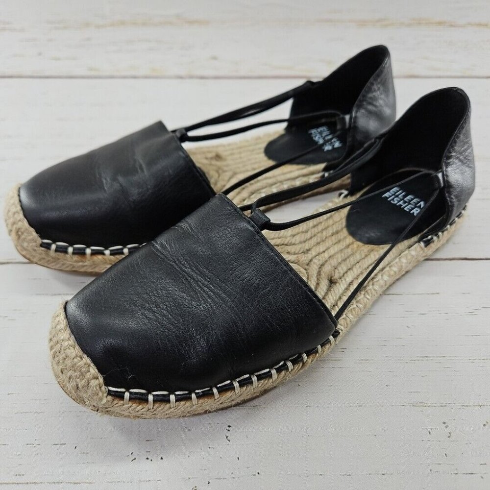 Eileen Fisher Lee Washed Leather Espadrille Flat Black Womens Size 6 Sandals